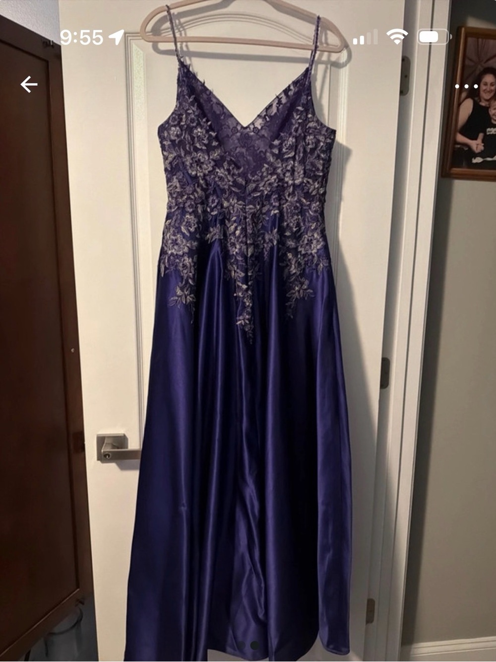 Midnight Purple Satin Dress with Lace Appliqué